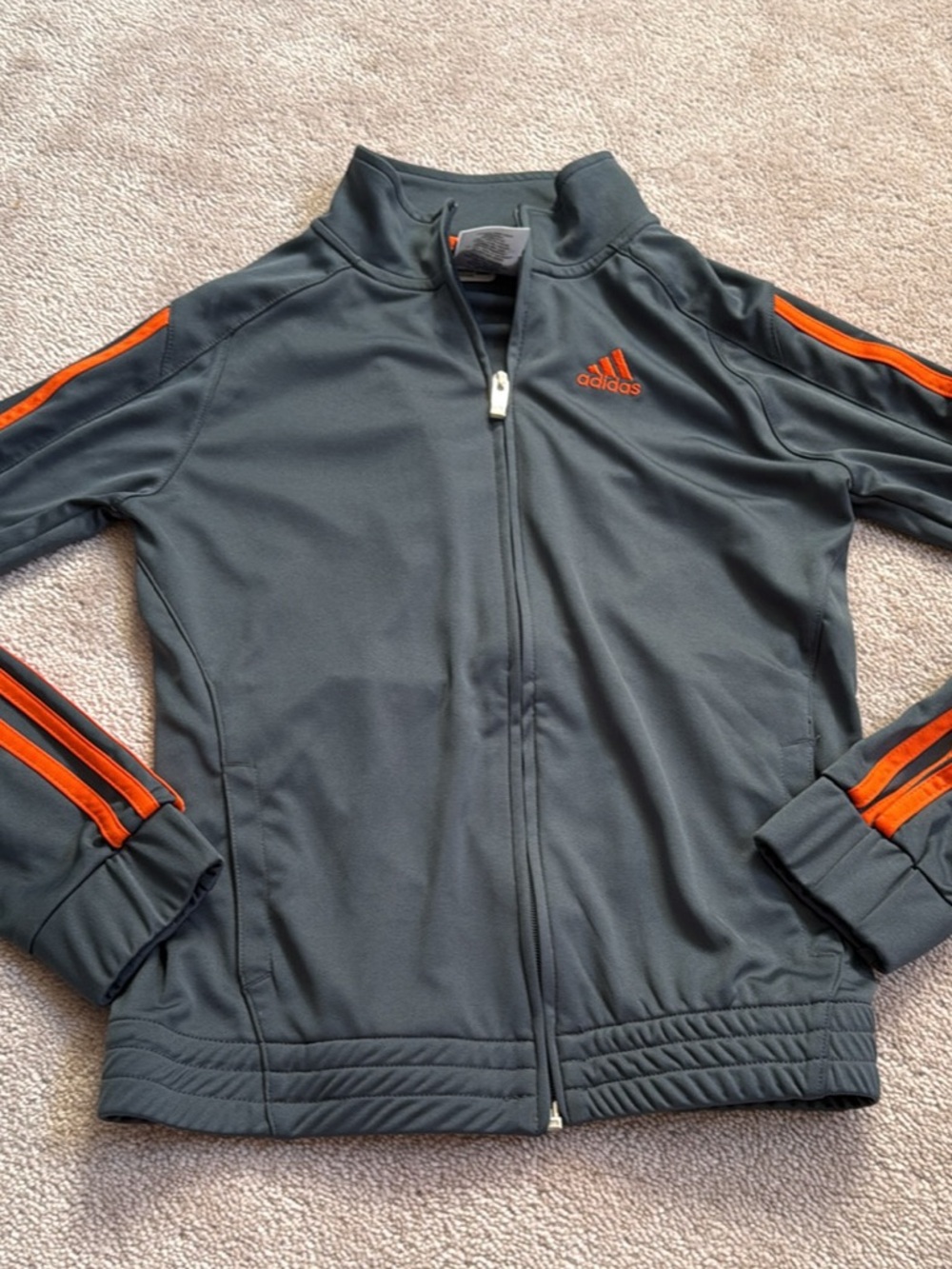 adidas Kids Gray Zip-Up Track Jacket with Orange Stripes. Like new